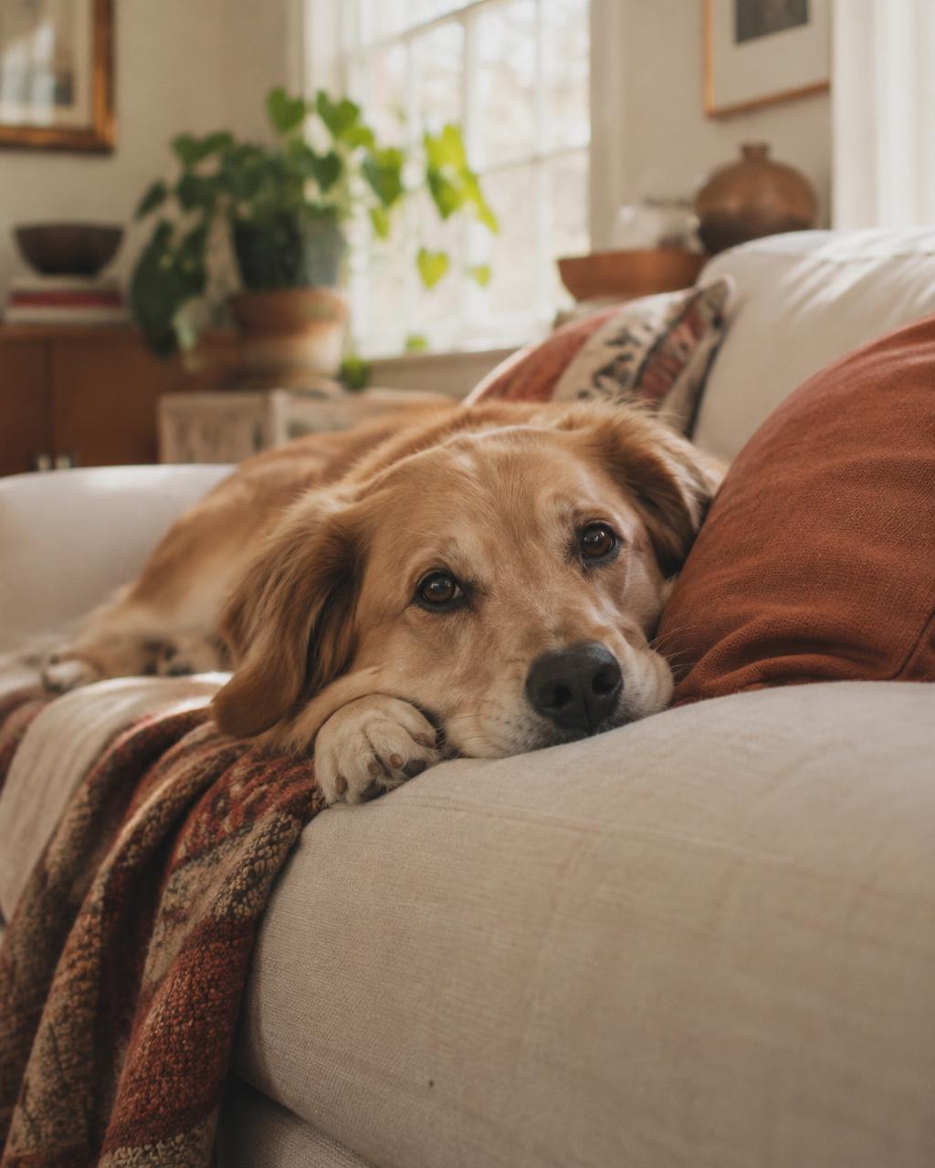 Perro descansando tranquilo sobre un sofá en casa