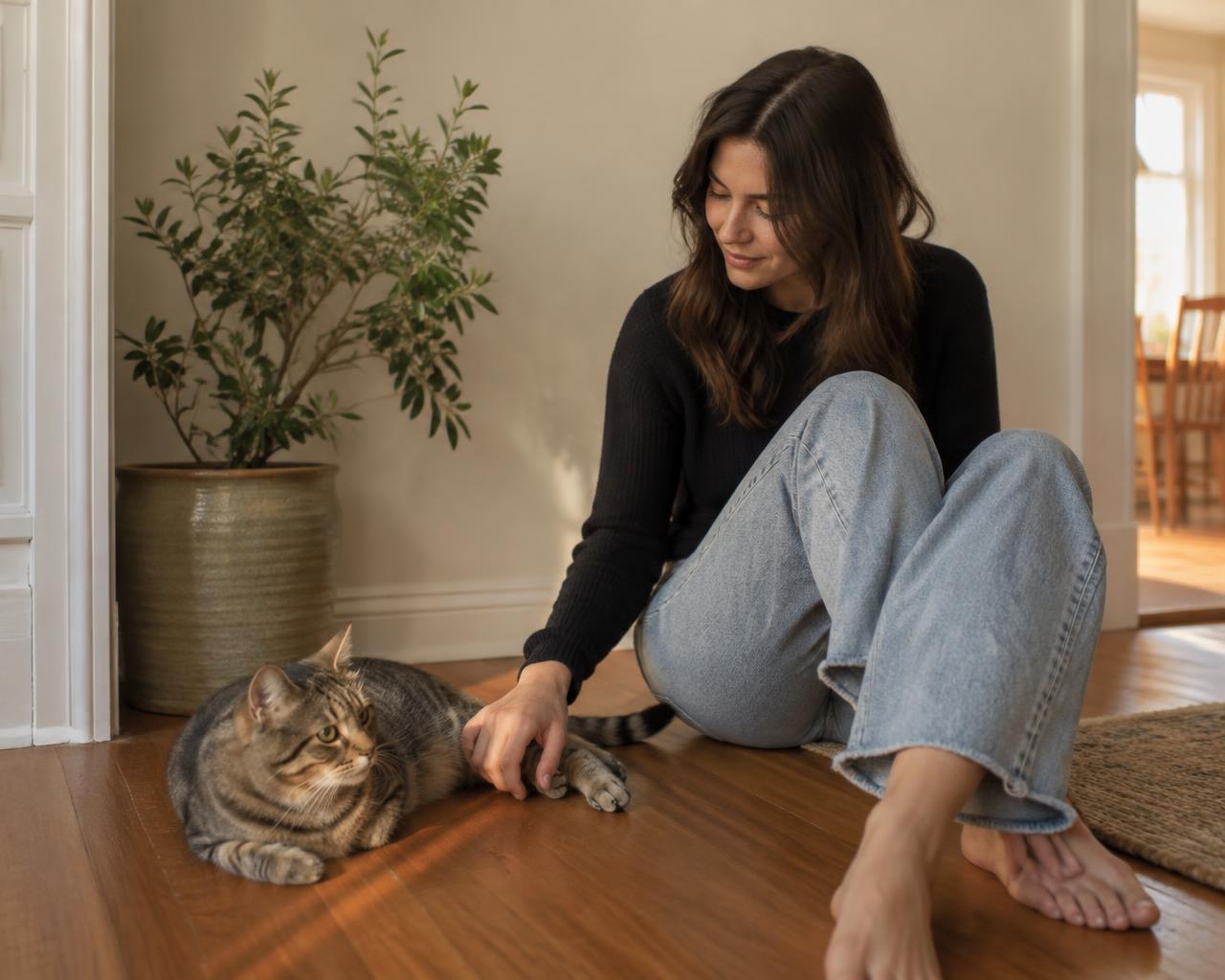 Mujer sentada en el suelo observando con calma a su gato